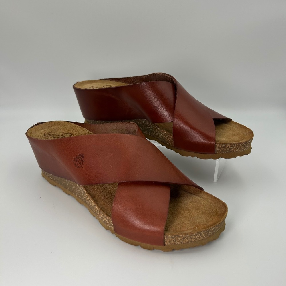 New Yokono Wedge‎ Sandals Women 9 Brown Excellent Leather Cross Strap Made Spain
